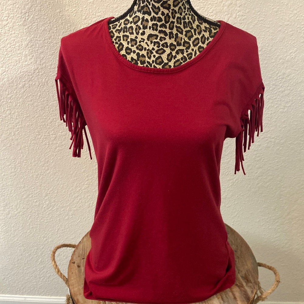 Deep red shirt with fringe sleeves, size small, great condition